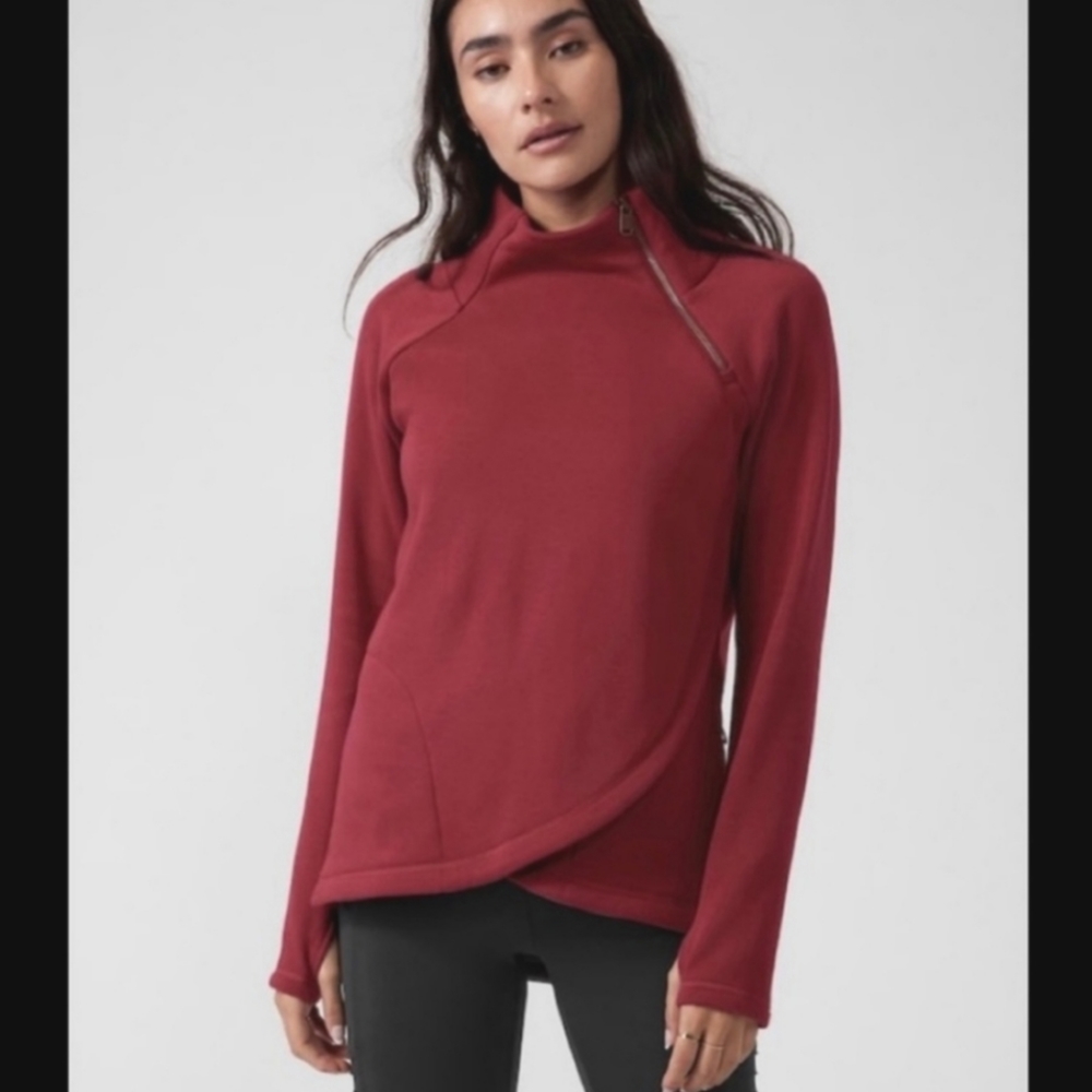 Athleta Fleece Lined, Active Mock Neck Wrap Jacket in burgundy
